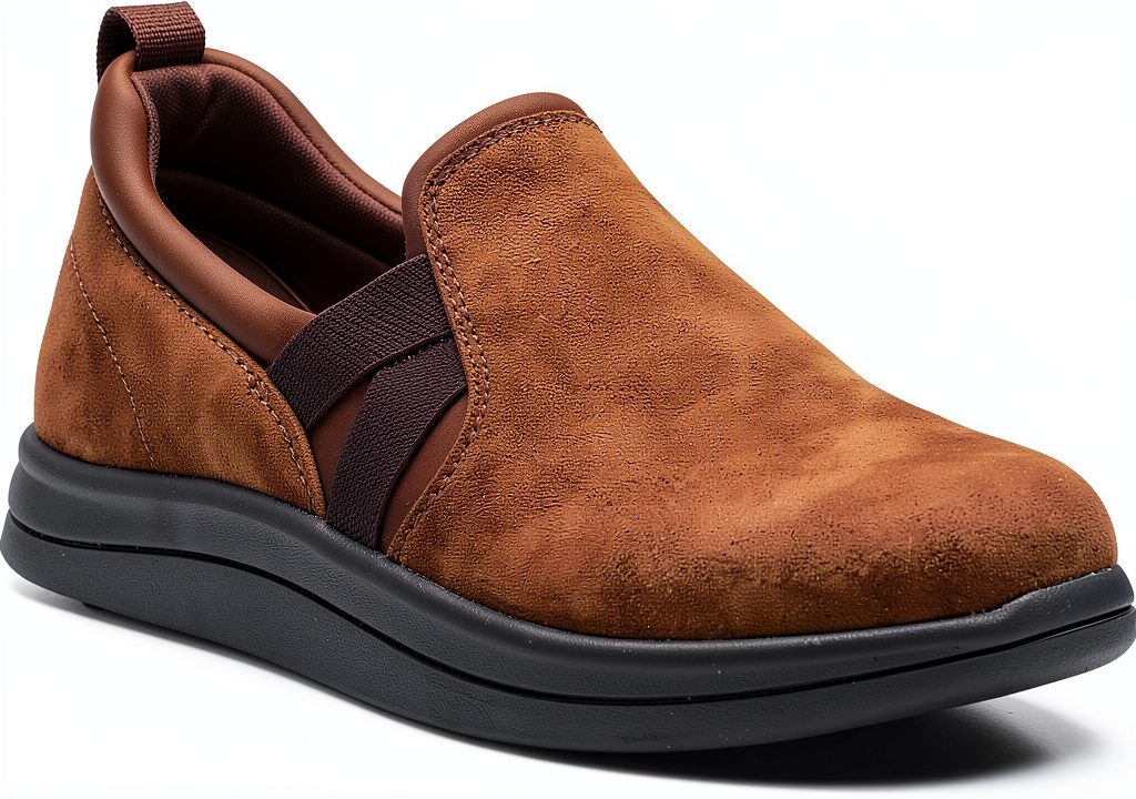 Clarks Breeze Bali slip-on in sintetico marrone indossate in un contesto urbano