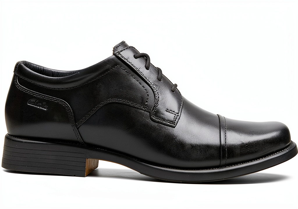 'Clarks Huckley Cap scarpe nere su sfondo neutro'