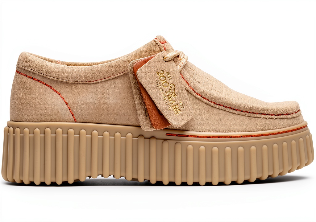 Clarks Torhill Bee Scarpe Donna Pelle Scamosciata Ecru on a wooden surface